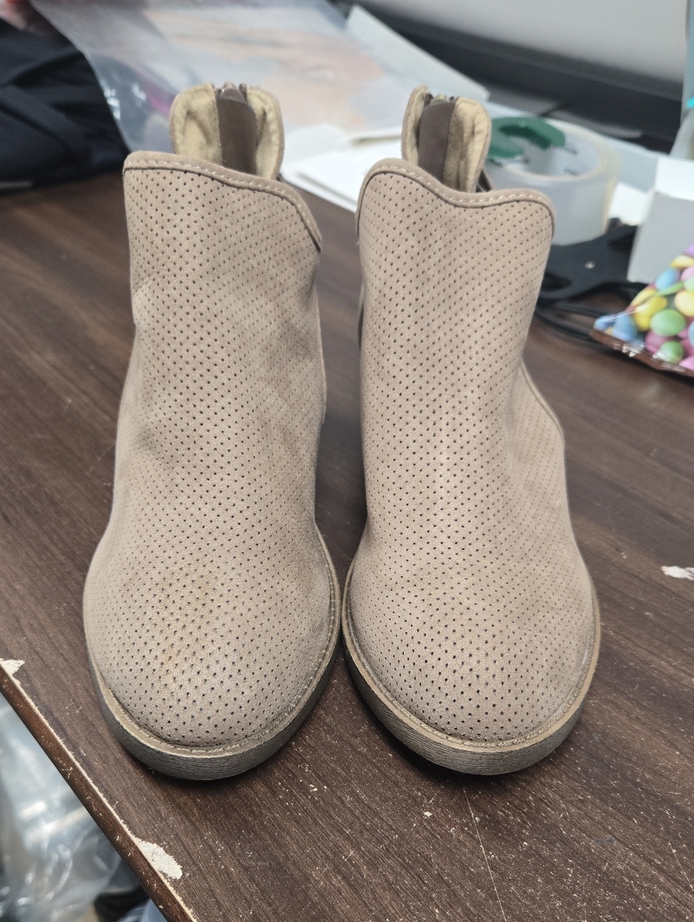 Maurice's Size 7 Beige Pin Dot Open Sided Ankle Boots